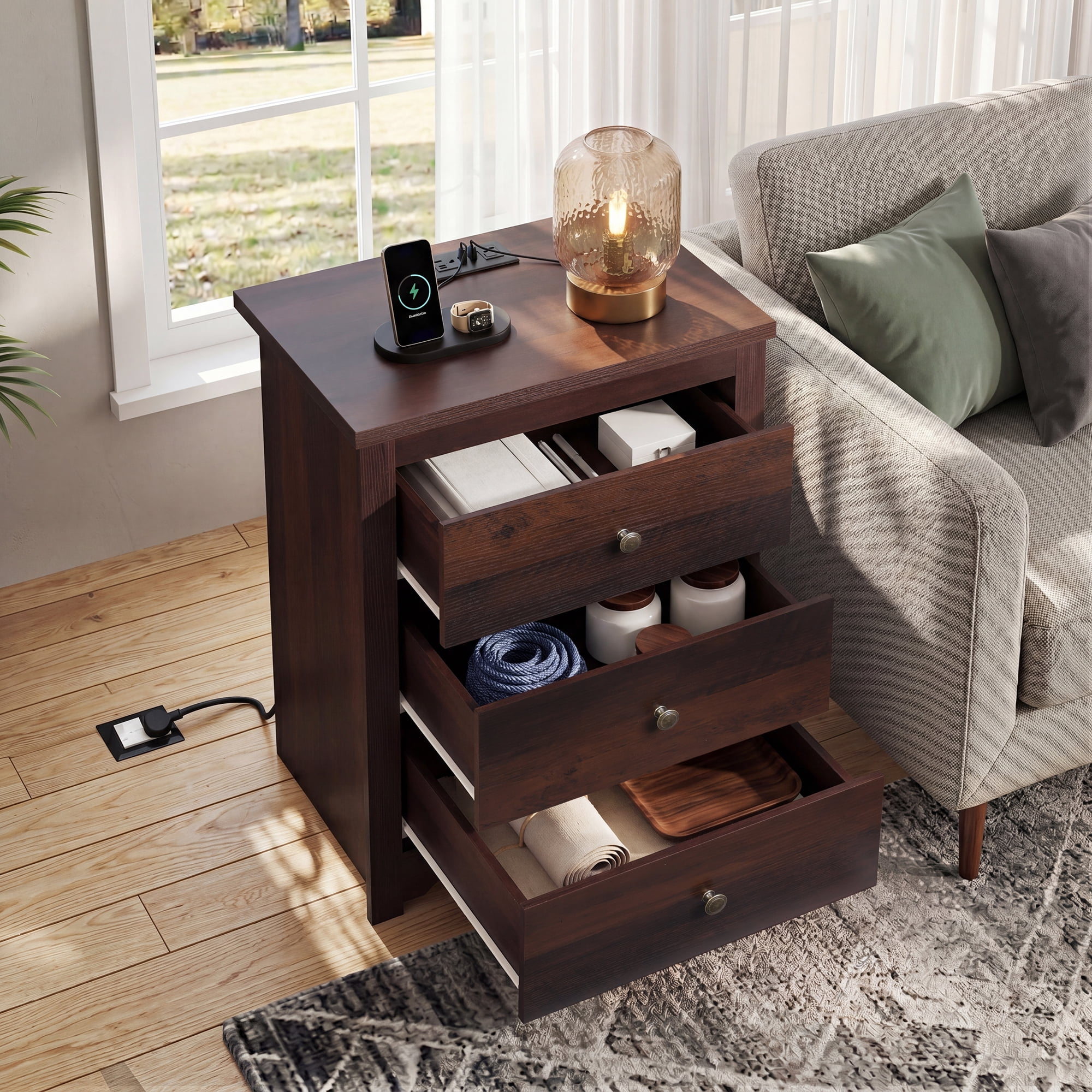 GALAXHERO Tall Espresso Nightstand with Charging Station and 3 Drawers, Wood Bedside End Table with 2 USB Ports & 2 AC Outlets for Bedroom Living Room Dorm