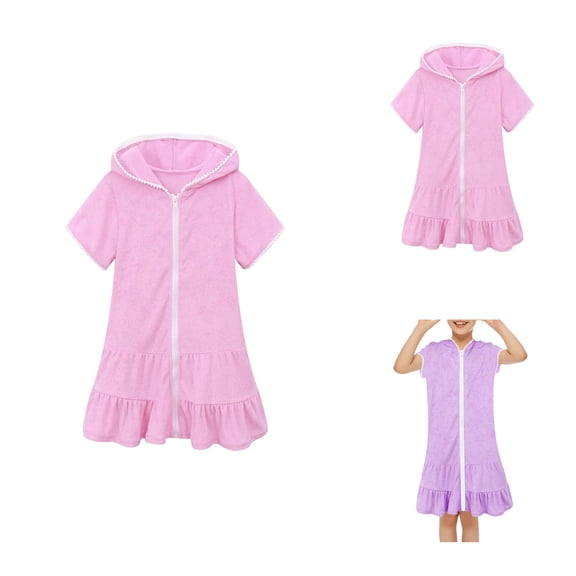Girls Swim Cover Up – Zip-Up Terry Beach Dress with Hood, Absorbent Bathing Suit Wrap Including Sunglasses