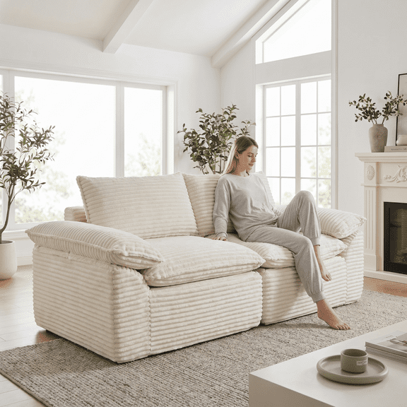 80" Corduroy Multi-functional Cloud Sofa, Modern Fabric Sofa, Free Combination Upholstered Sofa with High Density Sponge Cloud Shape for Living Rooms Apartments Offices, White
