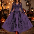 thumbnail image 2 of Xijirk Women's Halloween Skeleton Rose Spider Web Print Midi Dress V Neck Long Sleeve A Line Swing Dress for Gothic Cosplay Party,L, 2 of 4