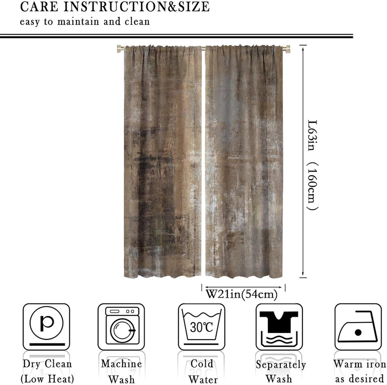 Rustic Curtains Tan Brown Abstract Wood Blackout Print Rod Pocket Window Drapes for Bedroom Living Room 42x63in