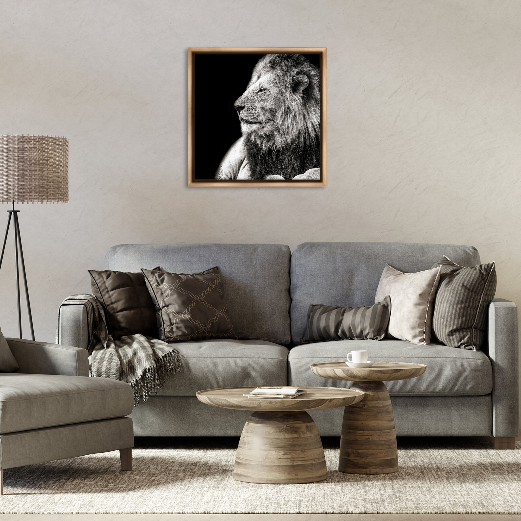 Stupell Industries Lion Portrait on Black Animals Photography Brown Floater Framed Canvas Art Print Wall Art, 25 x 25