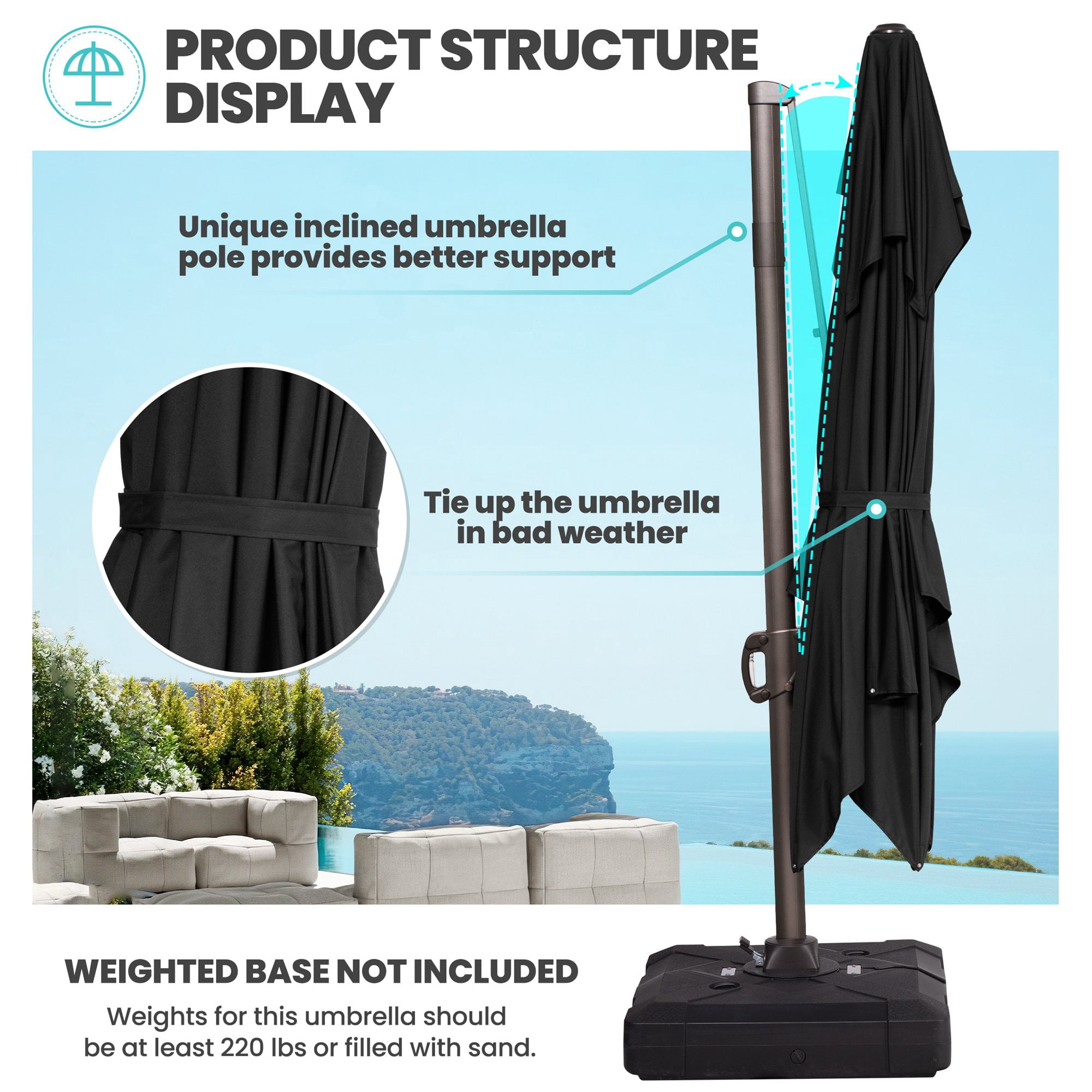 Pellebant 9 ft. x 12 ft. Rectangular Double Top Patio Cantilever Umbrella, Black