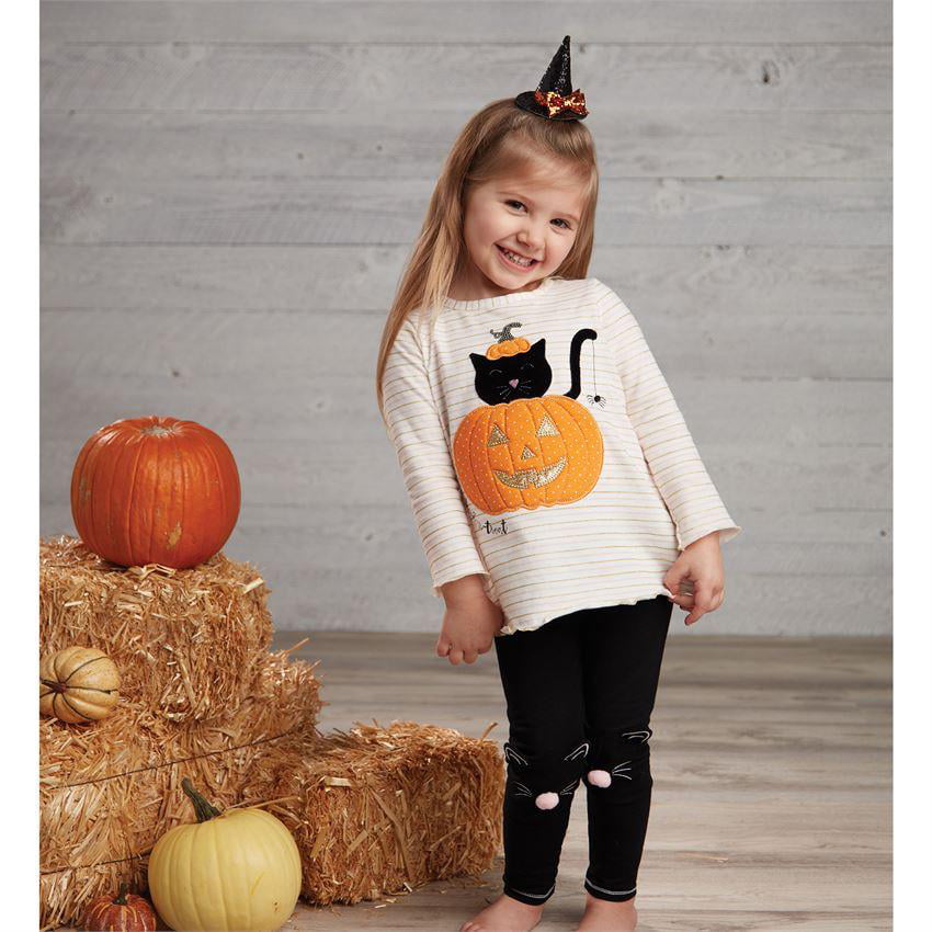 Mud Pie Girl Tunic Top Leggings Pants Set Pumpkin Applique Halloween Set 1112317