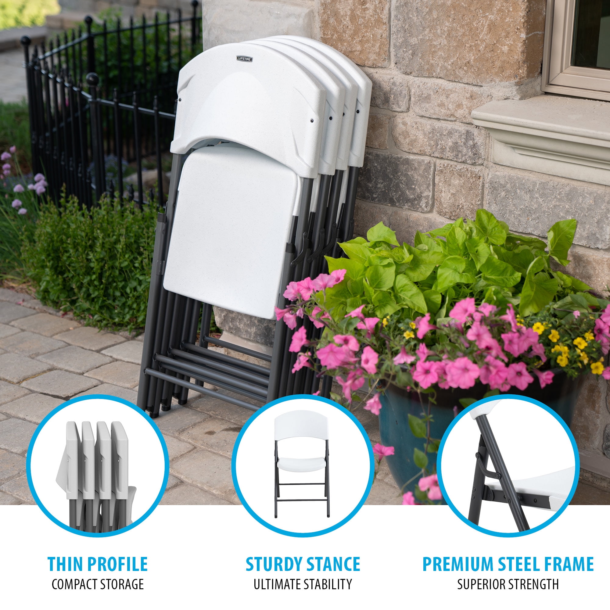 Lifetime Lightweight Indoor Outdoor Plastic Folding Chairs, White, 4 Piece