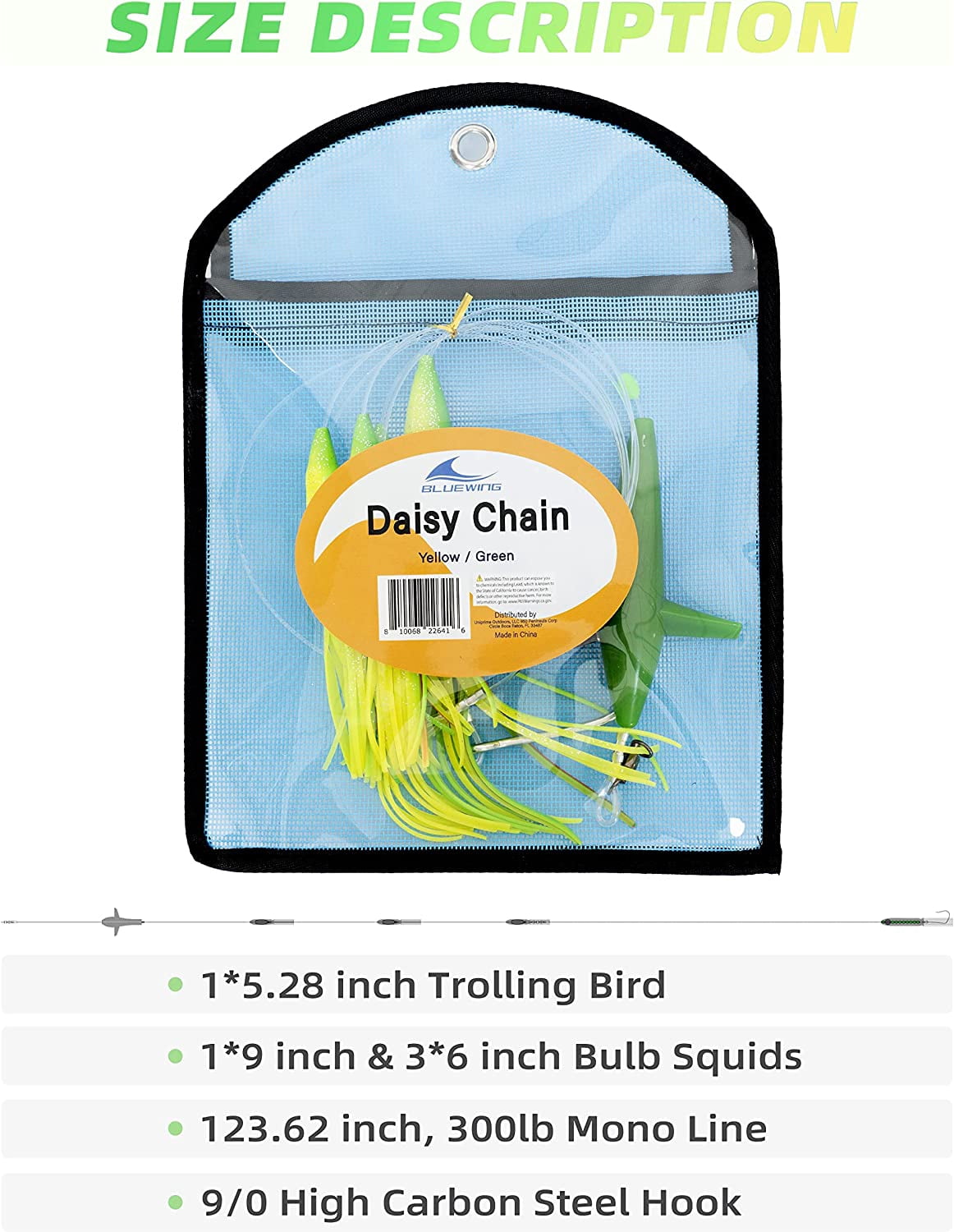 BLUEWING Daisy Chain Big Game Daisy Bird Bulb Squid Trolling Bird Tuna Lures Fishing Teasers for Marlin Sailfish Fishing Yellow/ Green