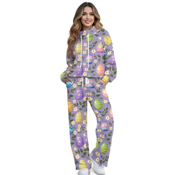 SCRAWLGOD Easter Egg Floral Leaf Print Violet Women's 2 Piece Outfits Long Sleeve Pullover Loose Fit Sweatshirt Wide Leg Pants with Pockets Turtleneck Sweatsuit Loungewear Set, XS