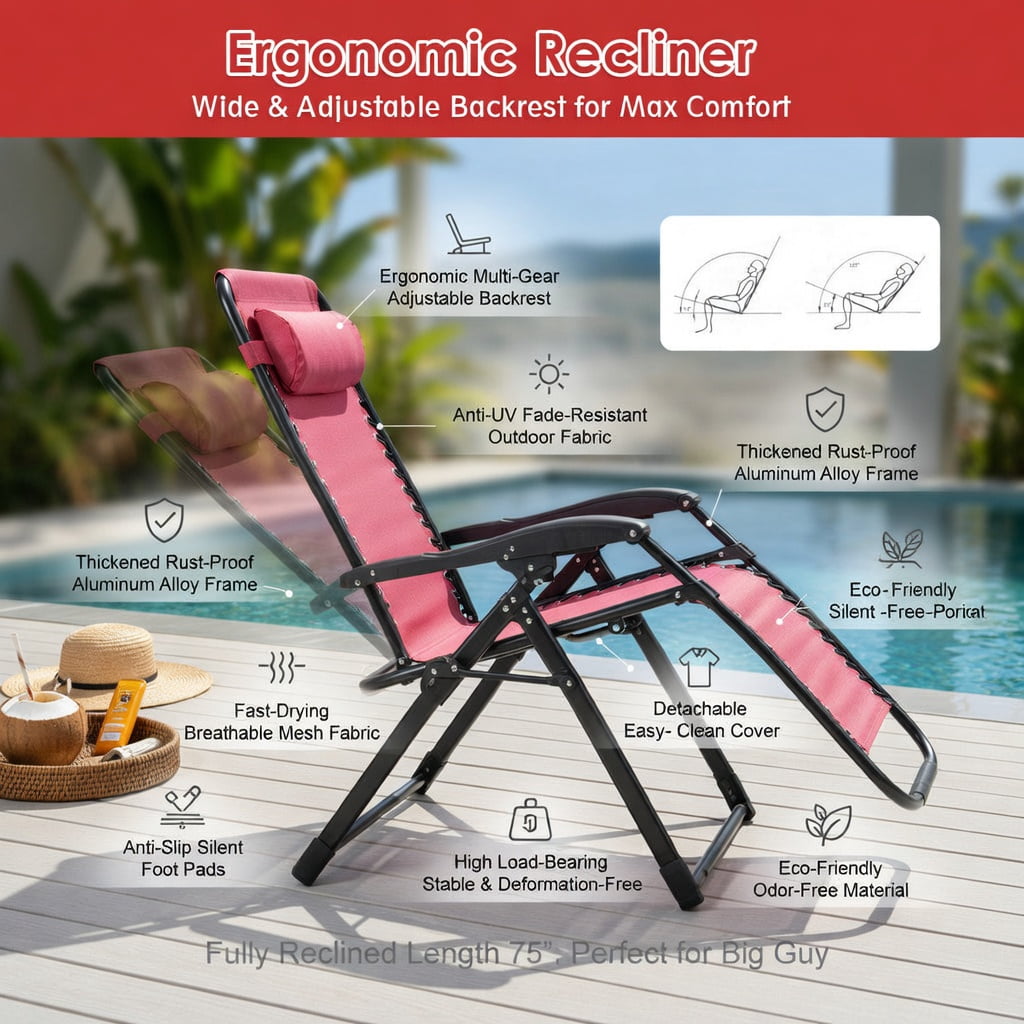 Hommoo Oversize Zero Gravity Folding Lounge Chair for Patio, Heavy Duty Breathable Waterproof Fabric, Adjustable Recliner with Cup Holder & Headrest Pillow, Dark Red