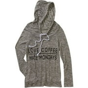 Juniors' Cowl Neck Love Coffee Hate Mondays Hacci Banded Bottom Hoodie