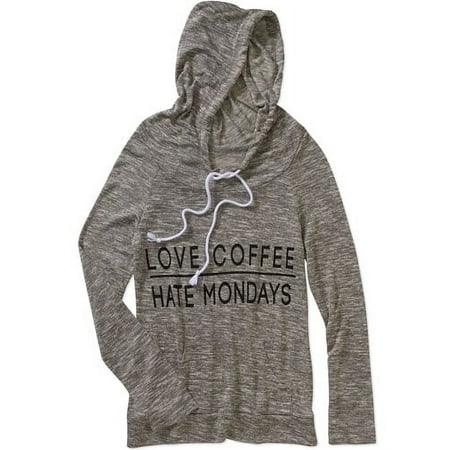 Juniors' Cowl Neck Love Coffee Hate Mondays Hacci Banded Bottom Hoodie