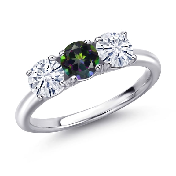 Gem Stone King 925 Sterling Silver Green Mystic Topaz and White Moissanite Engagement Ring for Women | 1.55 Cttw | Round 5MM | Gemstone November Birthstone | Size 5