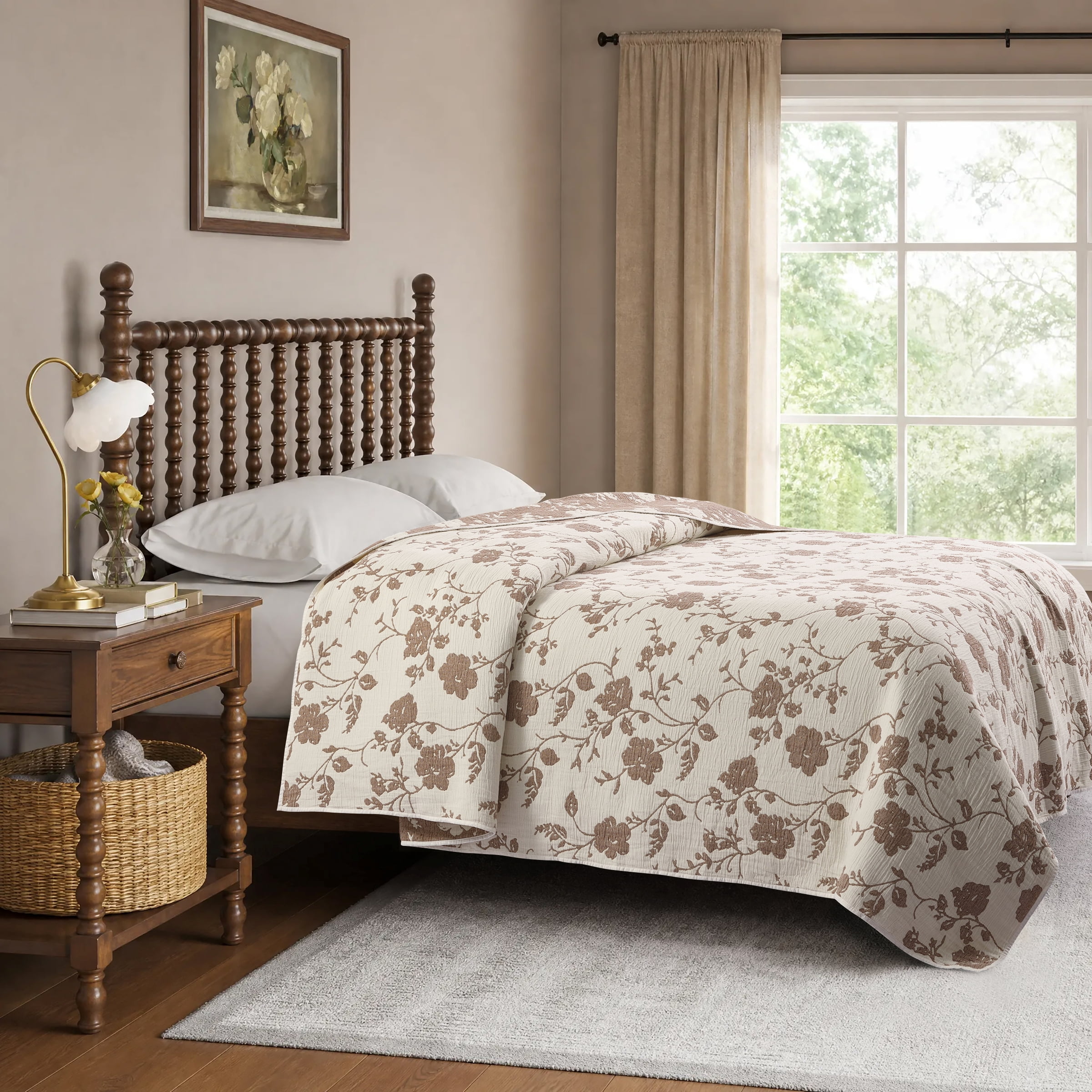 The Pioneer Woman Agatha Floral Gauze Quilt, King, Tibet Brown, Reversible Bedding