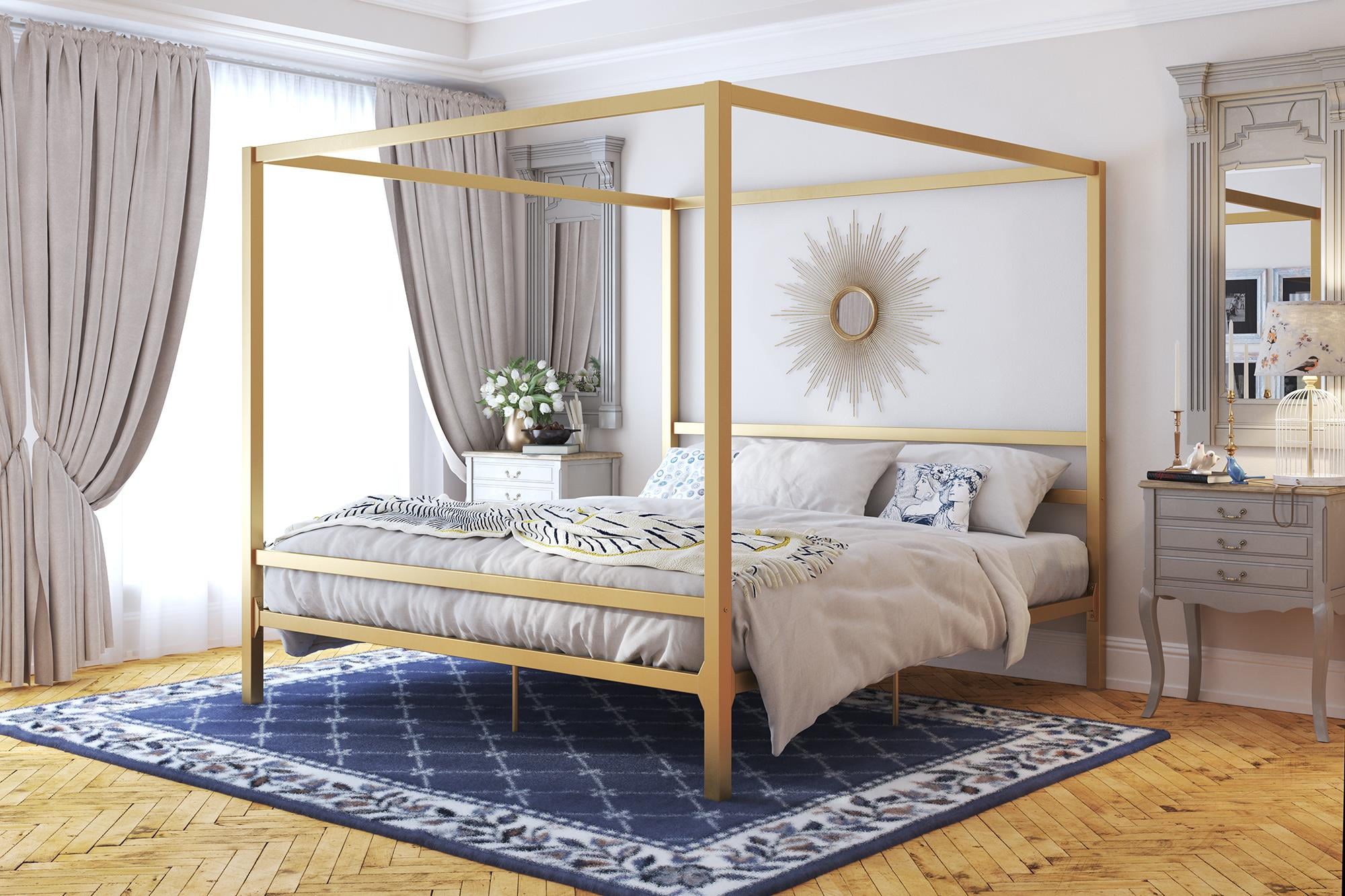 Modern Metal Canopy Bed King Gold, Gold Bed King