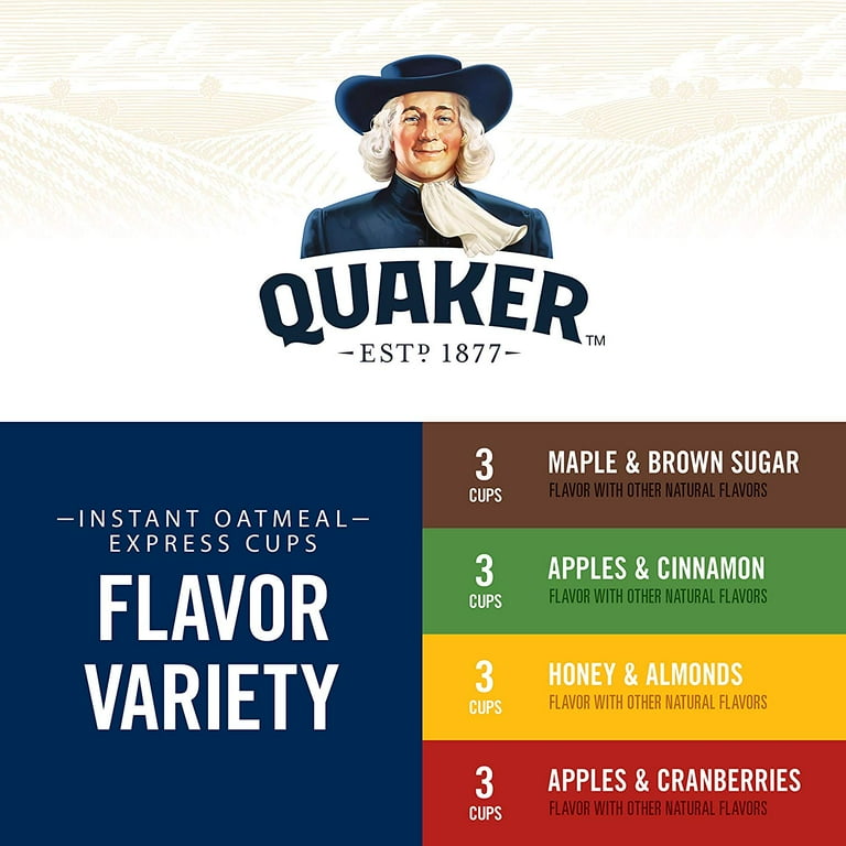 Quaker Instant Oatmeal Cups Variety Pack - 12 pack, 1.68 oz cups