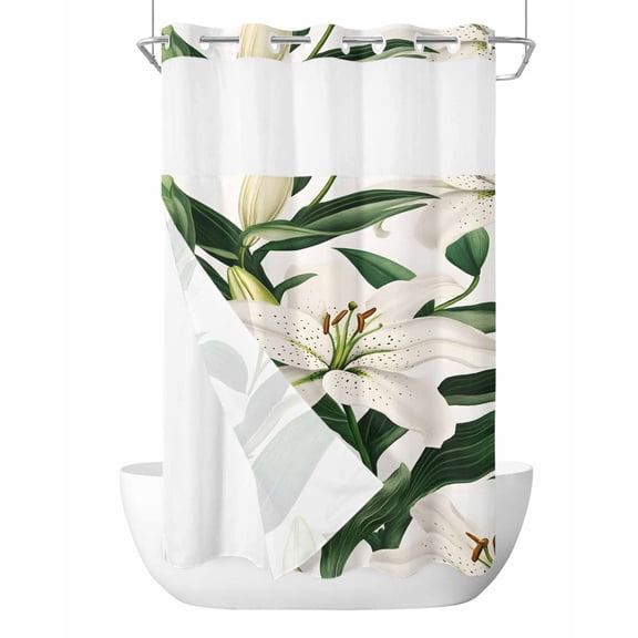 No Hook Cloth Fabric Shower Curtain with Snap in Liner, Lily Flower Waterproof Shower Curtains Set with See Through Top Window, Nature Botanical Garden Florals Watercolor Bath Curtains Shower 36"x72"
