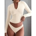 thumbnail image 3 of Quarter Zip V Neck Long Sleeve Cropped Top Going Out Tops for Womens Fall Fashion 2025 Oatmeal Color XL, 3 of 6