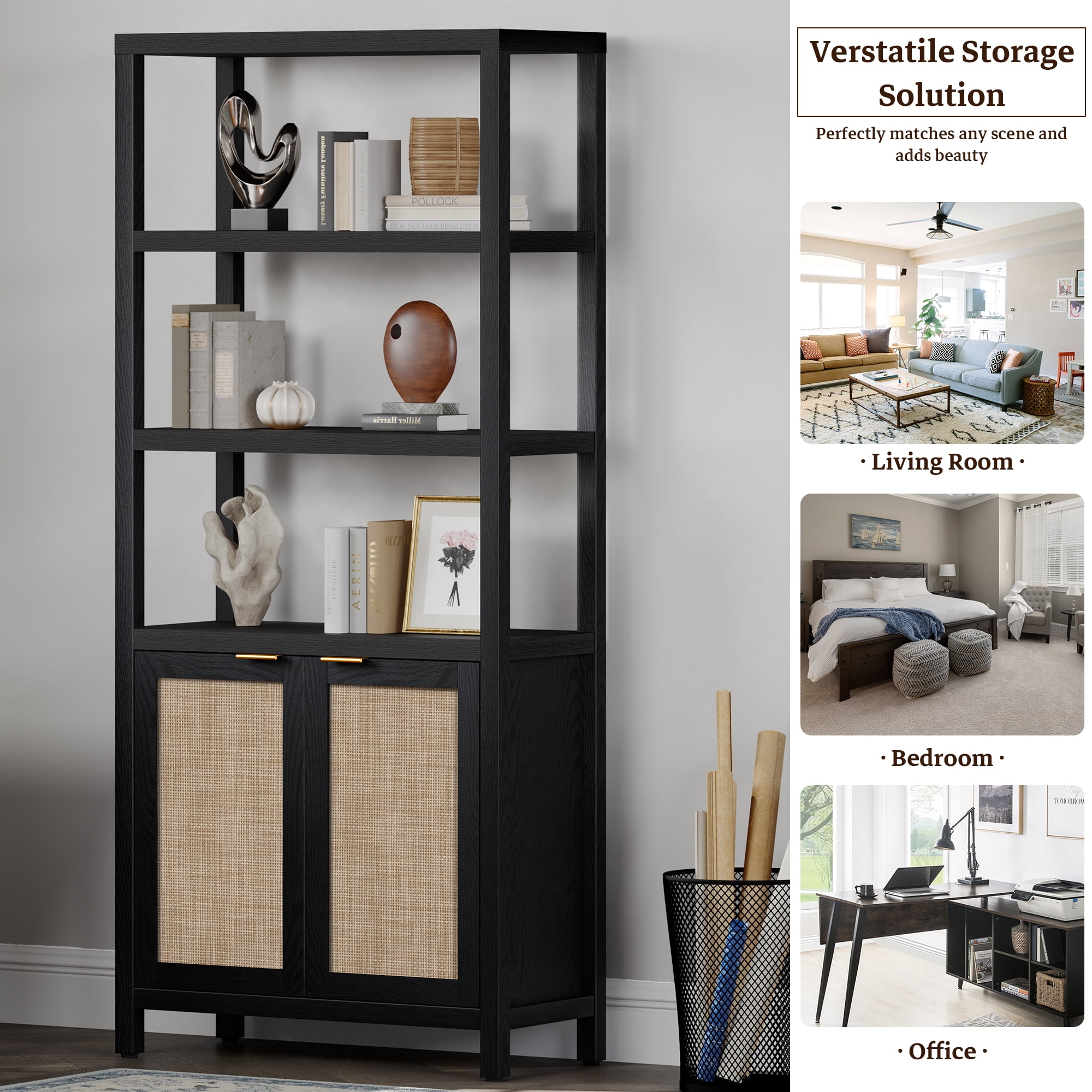 SICOTAS 71" Tall Bookcase with Doors, Boho 5 Tier Rattan Bookshelf Set of 3, Mid-Century Bookcase with Storage Cabinet for Living Room, Bedroom, Library & Home Office in Black Oak