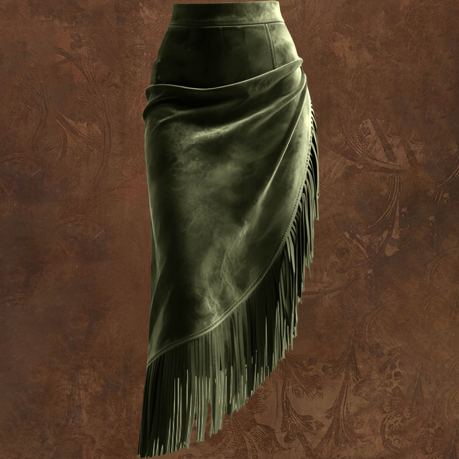 Women's Fringe Suede Maxi Skirt Western Style Asymmetric Ruched Bodycon Side Slid Cowgirl Tassel Long Skirts
