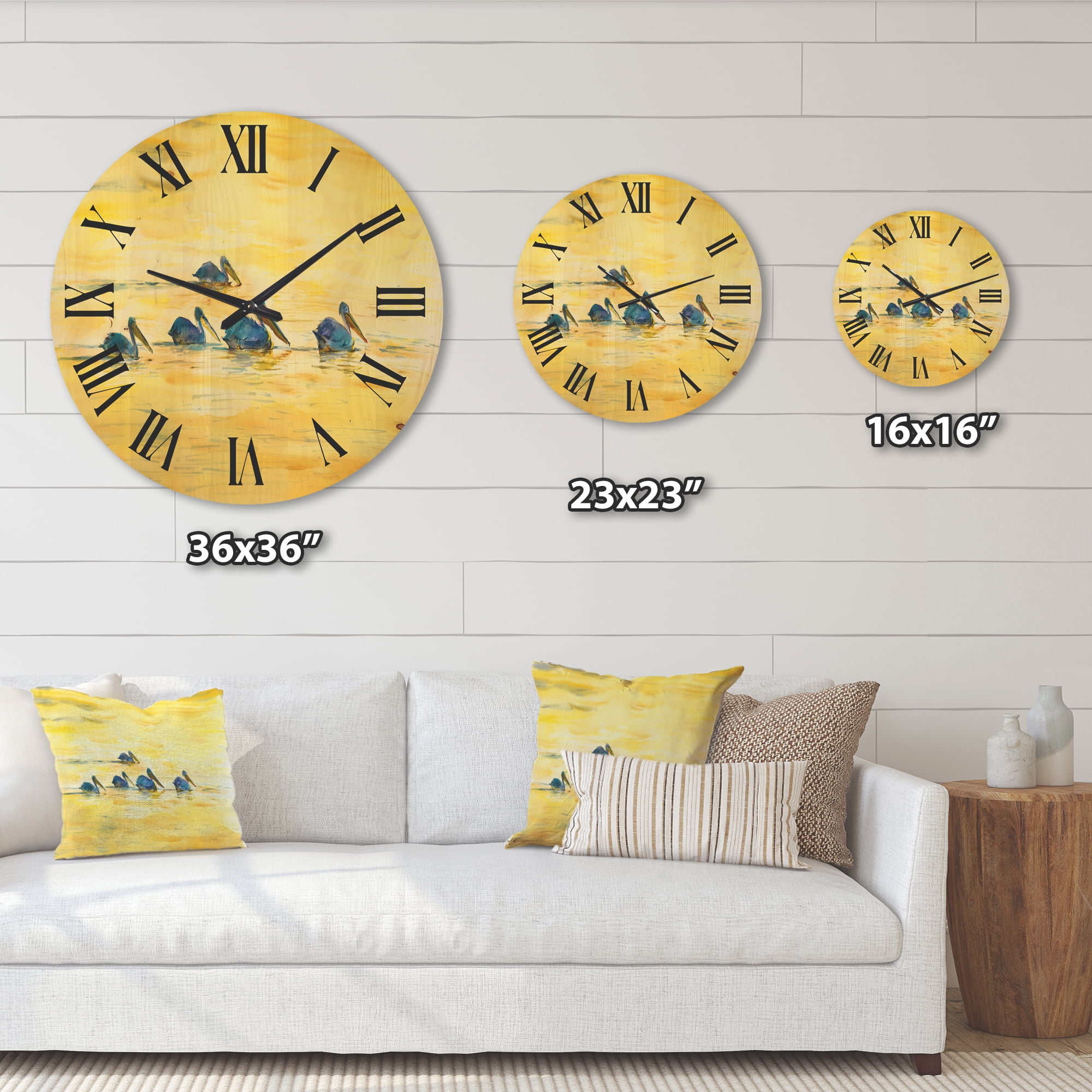 Designart 'Pelicans Birds On The Yellow River' Farmhouse Wood Wall Clock