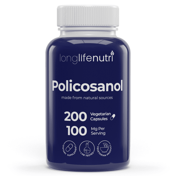 LongLifeNutri Policosanol 100mg - 200 Vegetarian Capsules for Cardiovascular Health