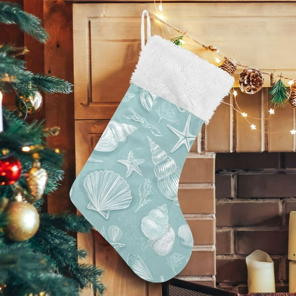 RMDQTR Christmas Stockings for Xmas Gifts - Large Size Festive Holiday Decor for Family Light Blue Seashells Pattern