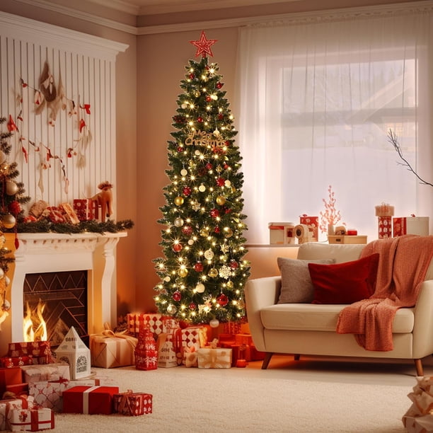 6.5ft qeetex pre-lit slim aspen fir artificial christmas tree con clear ul lights, realistic pinecones y berries, metal stand, fácil montaje