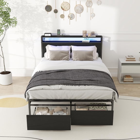 ZIVACATE Twin Bed Frames with Headboard, Twin Size Bed Frames with 4 Storage Drawers, Twin Bed, Black Metal