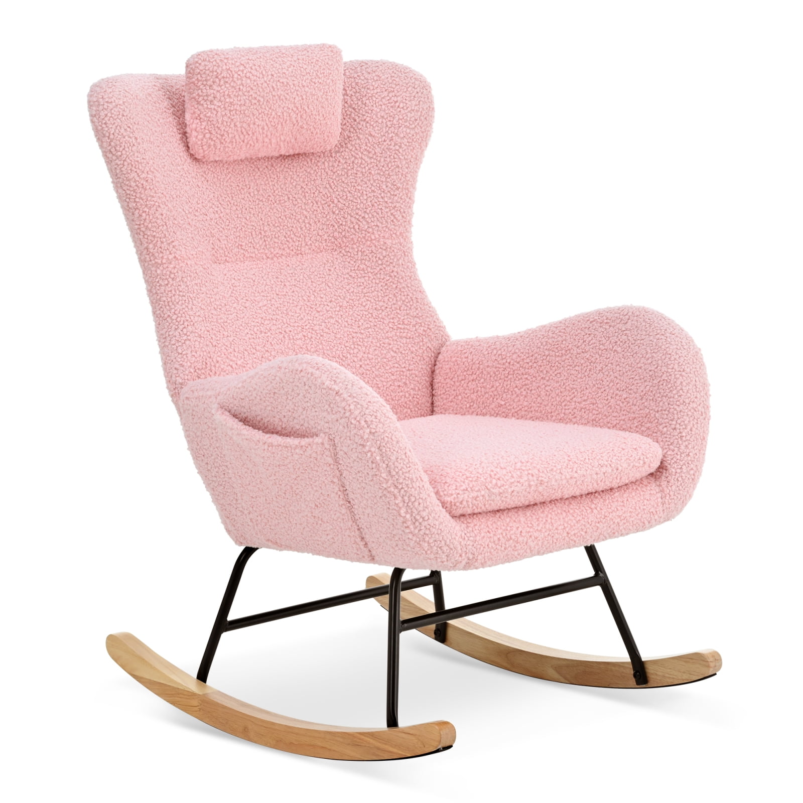 Rocking Chair Nursery, Teddy Upholstered Rocker Glider Chair with High Backrest, Adjustable Headrest & Pocket, Comfy Glider Chair for Nursery, Bedroom, Living Room, Offices, Rubber wood, pink 80119