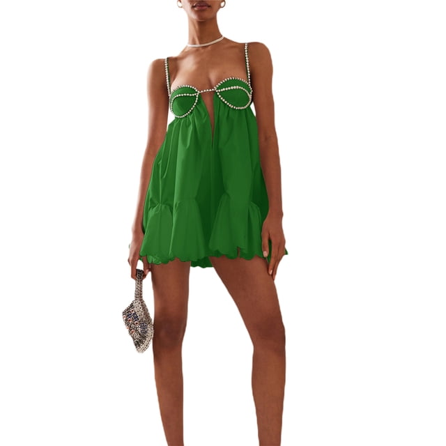 Gupgi Women Loose Spaghetti Strap Dress Rhinestone Cutout Cocktail Party Mini A-line Dresses