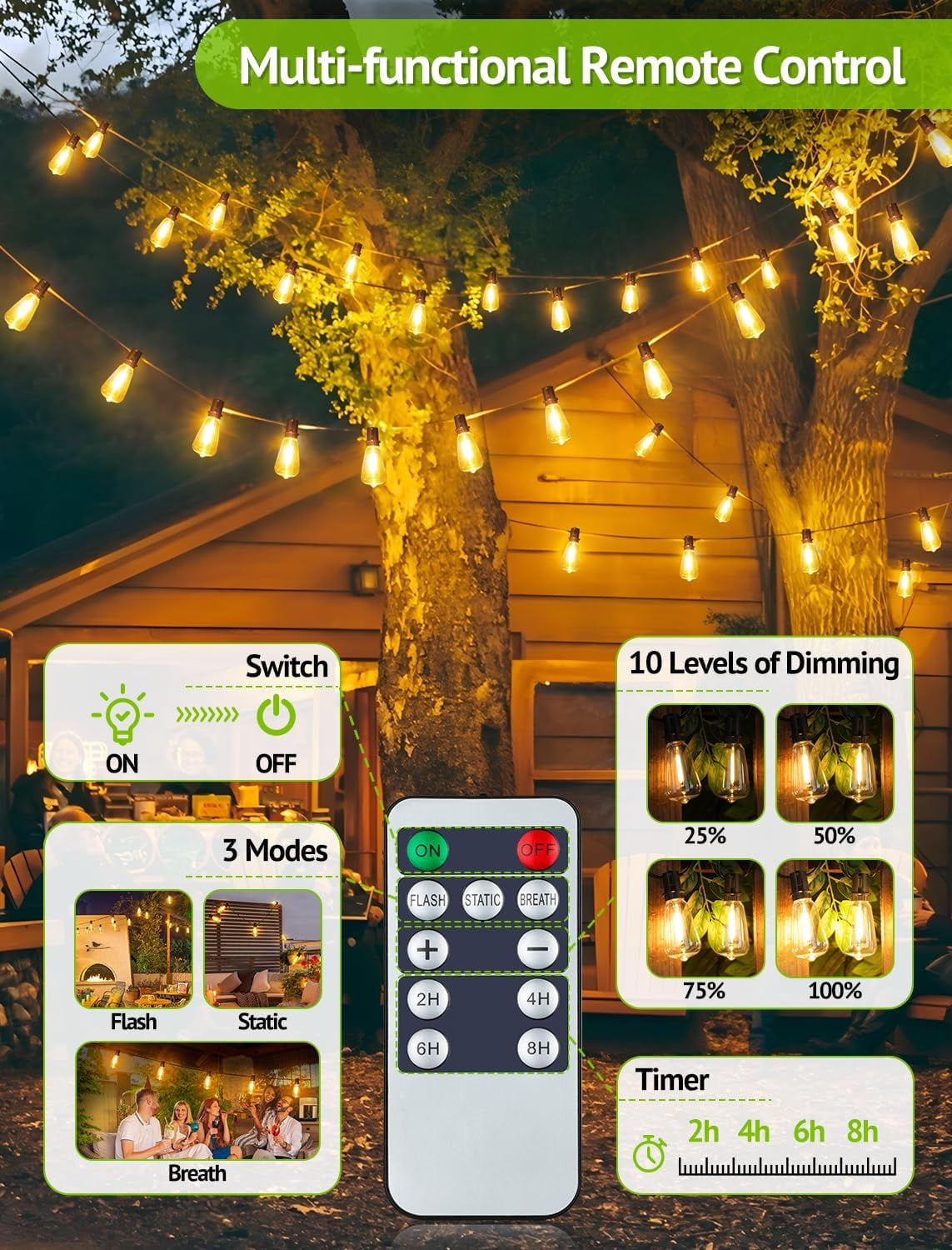 96FT(2x48FT) Solar Outdoor String Lights with Remote & Timer, Dimmable Patio Lights with 36+2 Shatterproof ST38 LED Bulbs for Outside-Black