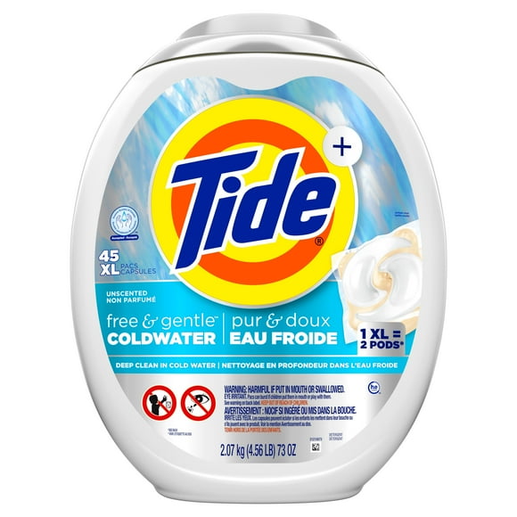 Tide PODS Free and Gentle Coldwater Laundry Detergent Pacs, 45 Count, Hypoallergenic Laundry Detergent Pacs, TIDE TD PWRPDS F&G CW45CT