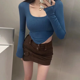 thumbnail image 1 of Camiseta de mujer con escote en U, parte inferior irregular, adelgazante, manga larga, estilo nuevo de primavera y otoño, puro deseo, dulce y picante, 1 of 4
