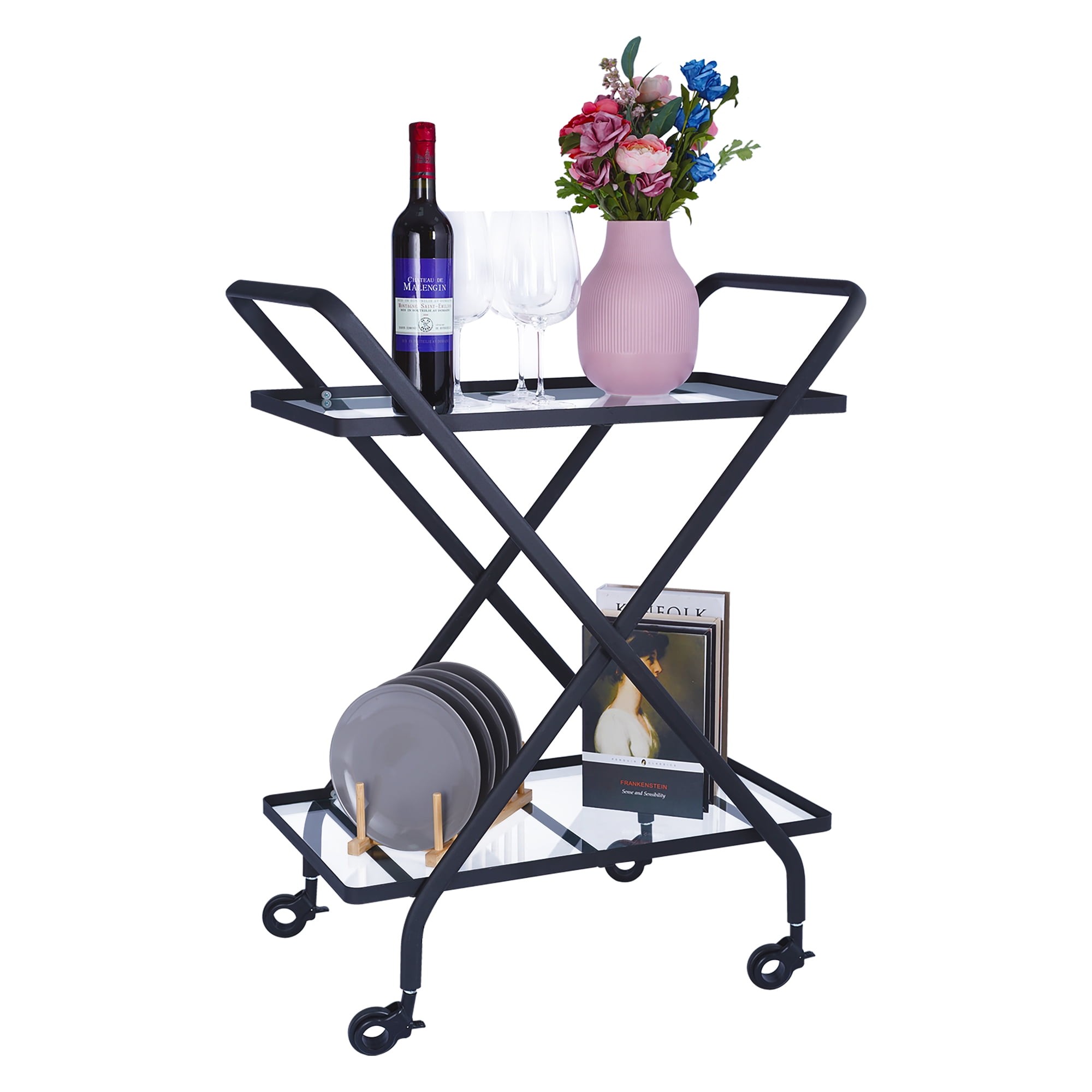 Black Bar Cart Wine Cart Coffee Bar Cart with Glass Shelves Double