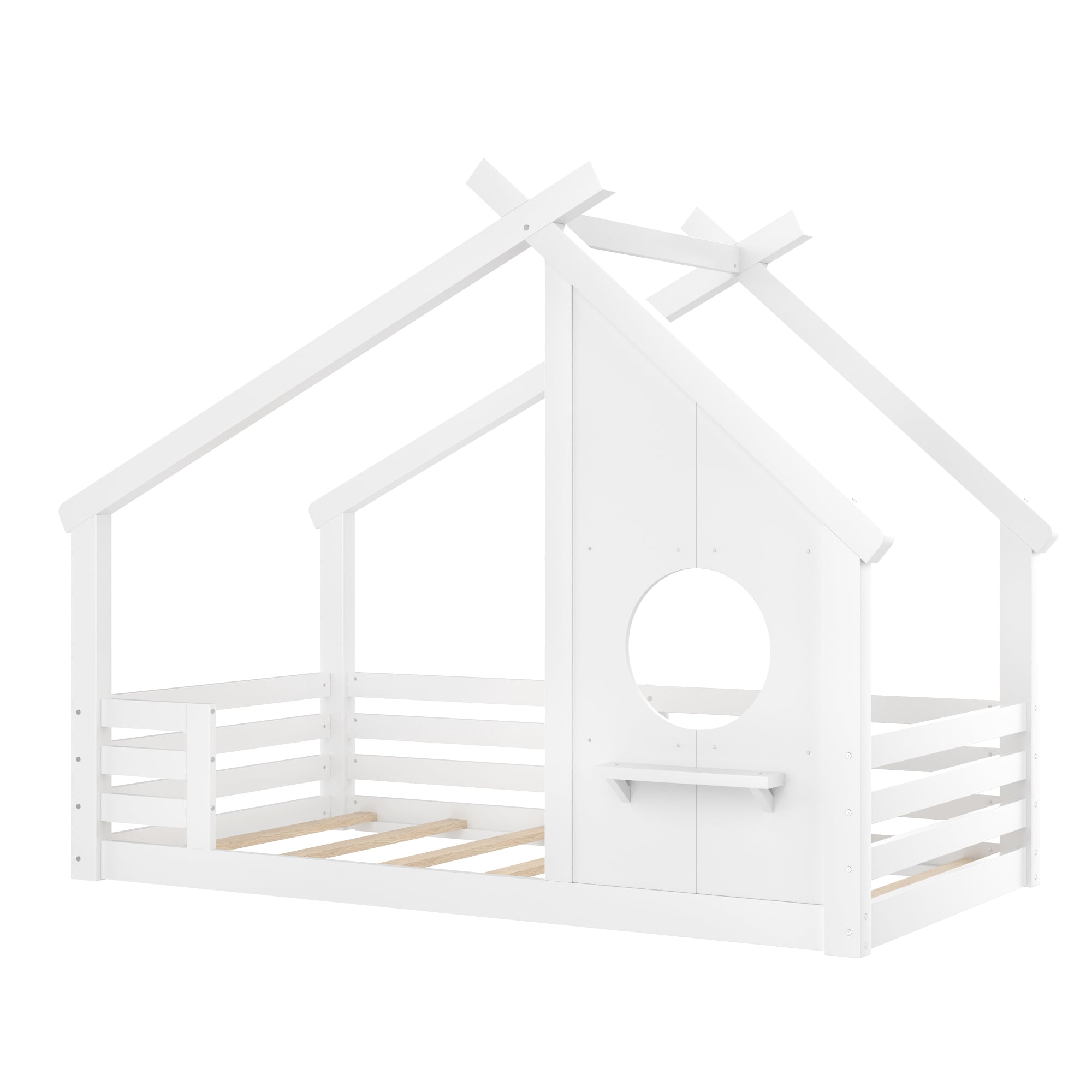 Jopath Twin Size House Floor Bed with Window and a Small Shelf, Solid Wood Floor Bed with House-shaped Roof for Boys Girls White