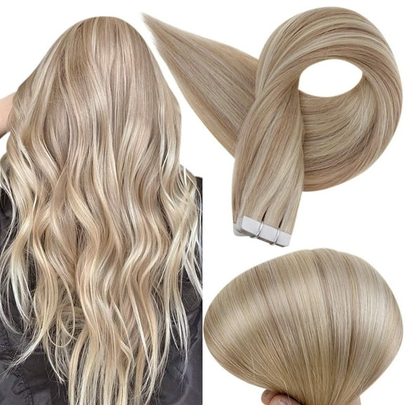 Full Shine Seamless in Human Hair Extensions Hair Invisible Tape 24in Color 18 Ash Blonde Highlight 613 Light Blonde 50G for Women Adult