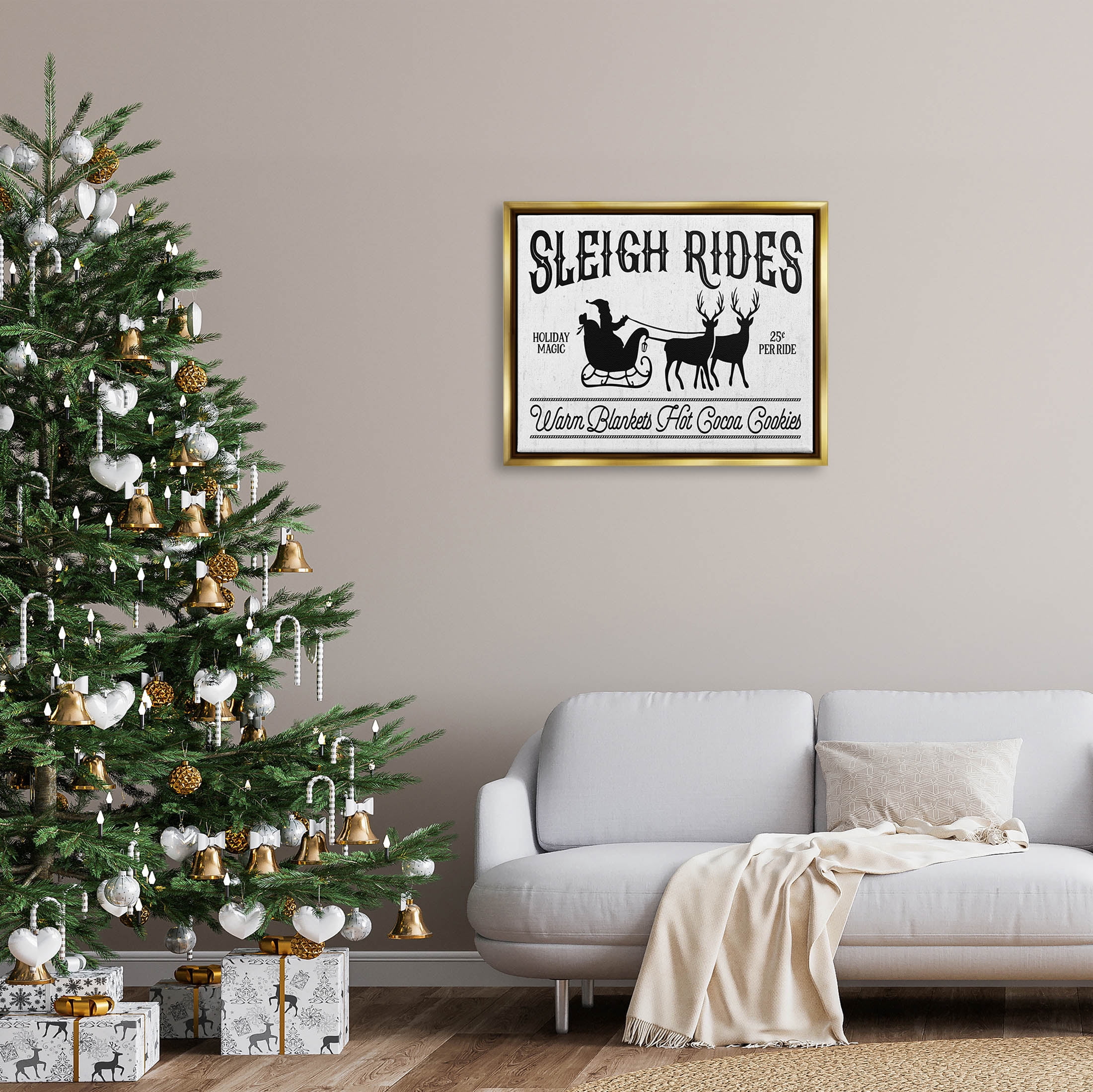 Stupell Industries Sleigh Rides Vintage Santa Claus Graphic Art Metallic Gold Floating Framed Canvas Print Wall Art, Design by Lettered and Lined
