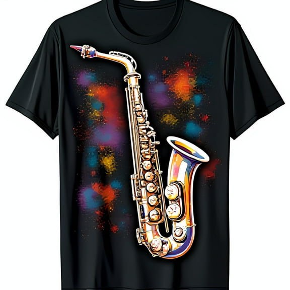 Bold Saxophone Graphic on Black T-Shirt Vibrant Splatter Design for Music Lovers