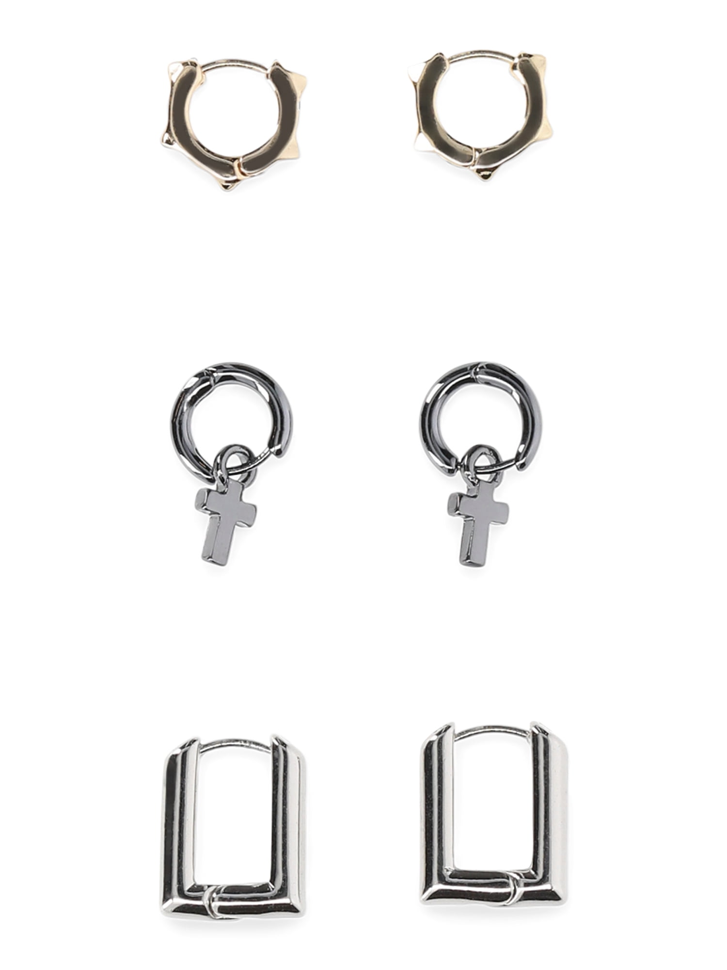 Madden NYC Women's Fashion Tri Tone Cross Charm Mixed Huggie Trio Earring Set