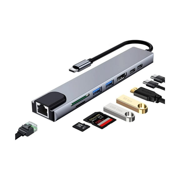 USB C Hub, 8-in-1 USB C Docking Station for Laptops or Other Type C Devices, with USB C to HDMI, USB C SD Card Reader/Micro SD, USB C to Ethernet Adapter, USB 3.0, USB C Dock / 80W Fast Charging