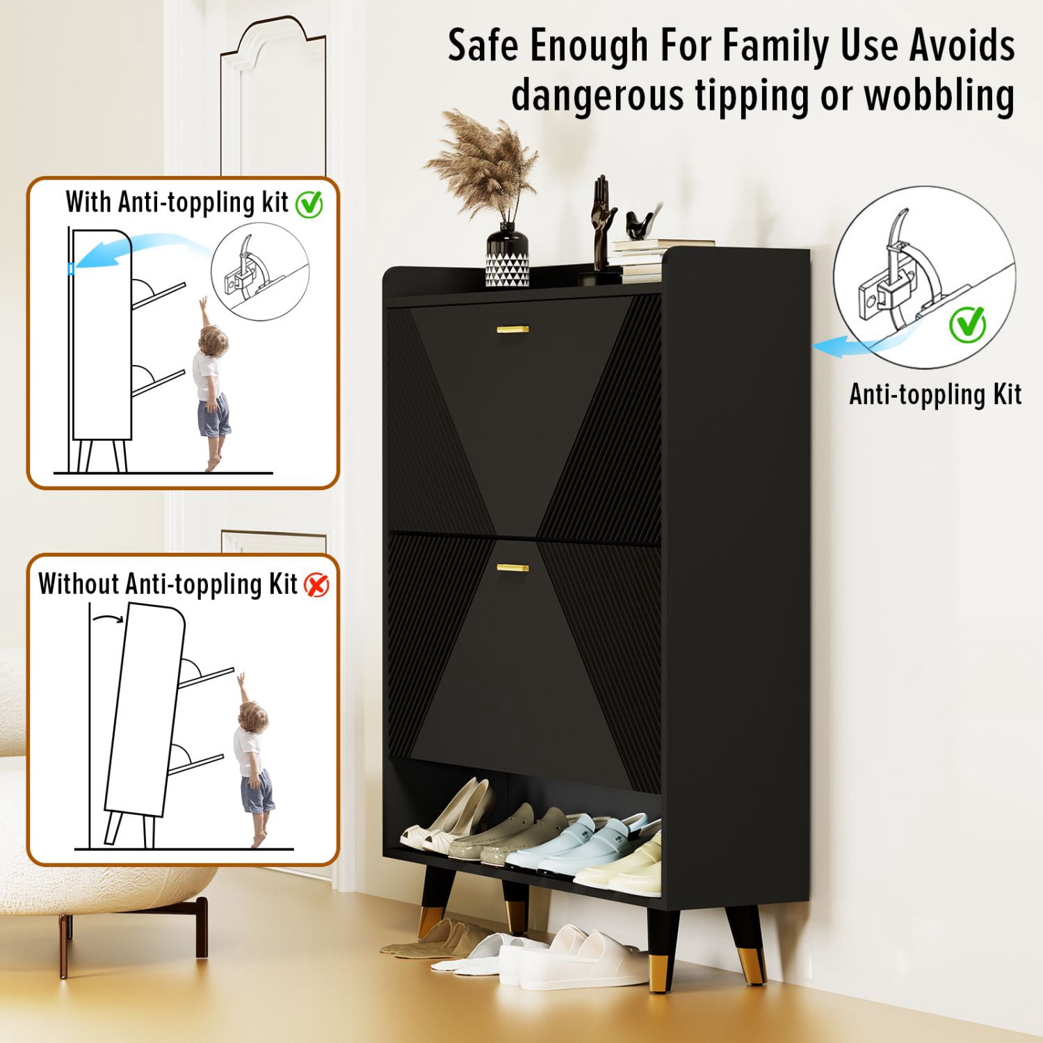 EPOWP Shoe Cabinet with 2 Flip Drawers, Narrow Shoe Storage Cabinet Wooden for Entryway, Hallway, Living Room Entryway
