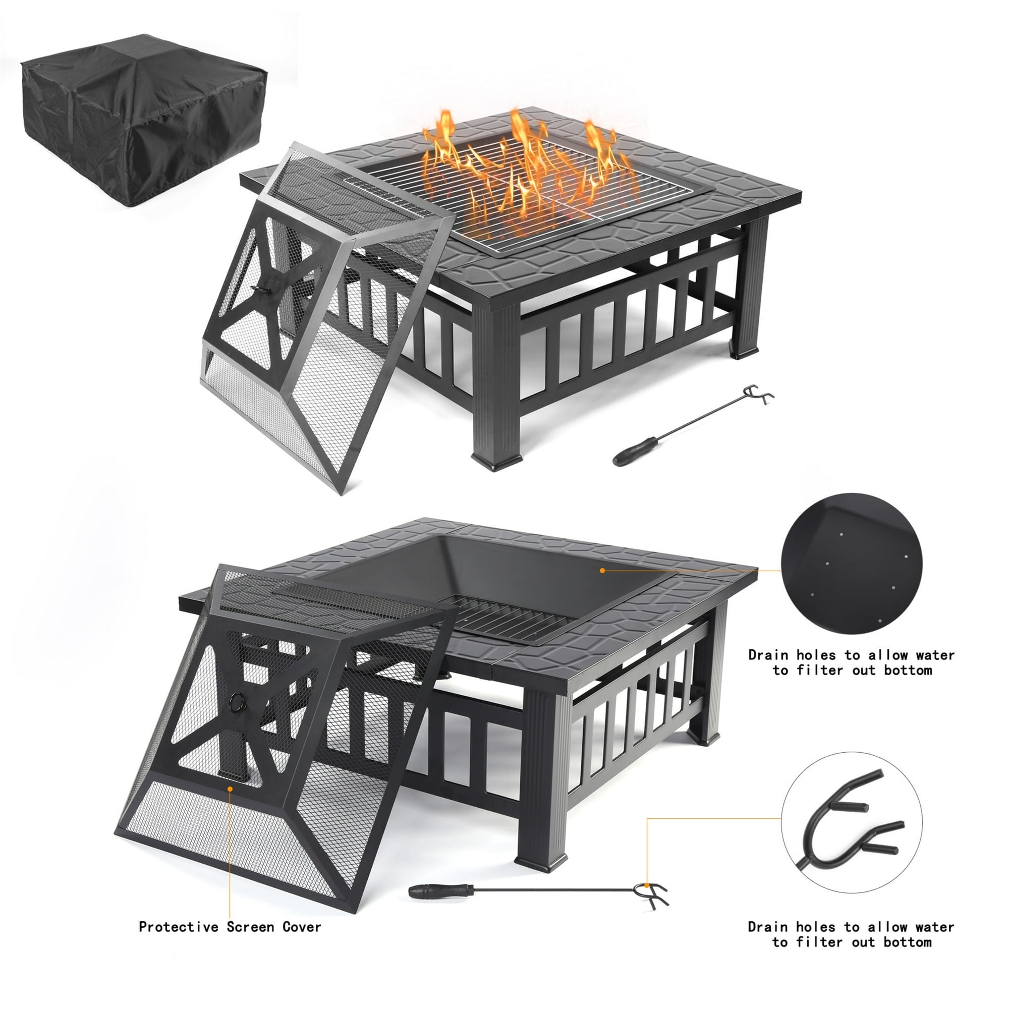 YDLW 32 Inch Square Fire Pit,Outdoor Fire Pit,Wood Burning Firepit,Bonfire Fire Pit,Firepits for Outside,Camping, Backyard, Patio,Bonfire