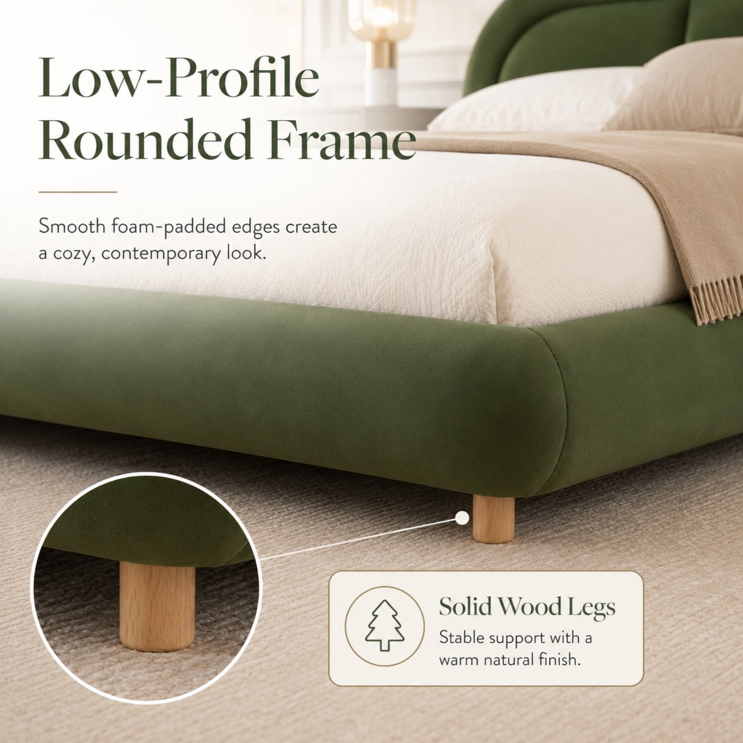 Miniyam King Size Velvet Upholstered Bed Frame with Curved Headboard, Platform Bed with Wood Slats, No Box Spring Needed, Green