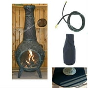 QBC Bundled Blue Rooster Grape Chiminea with Propane Gas Kit, Half Round Flexbile Fire Resistent Chiminea Pad, 20 ft Gas line, and Free Cover Antique Green Color - Plus Free EGuide