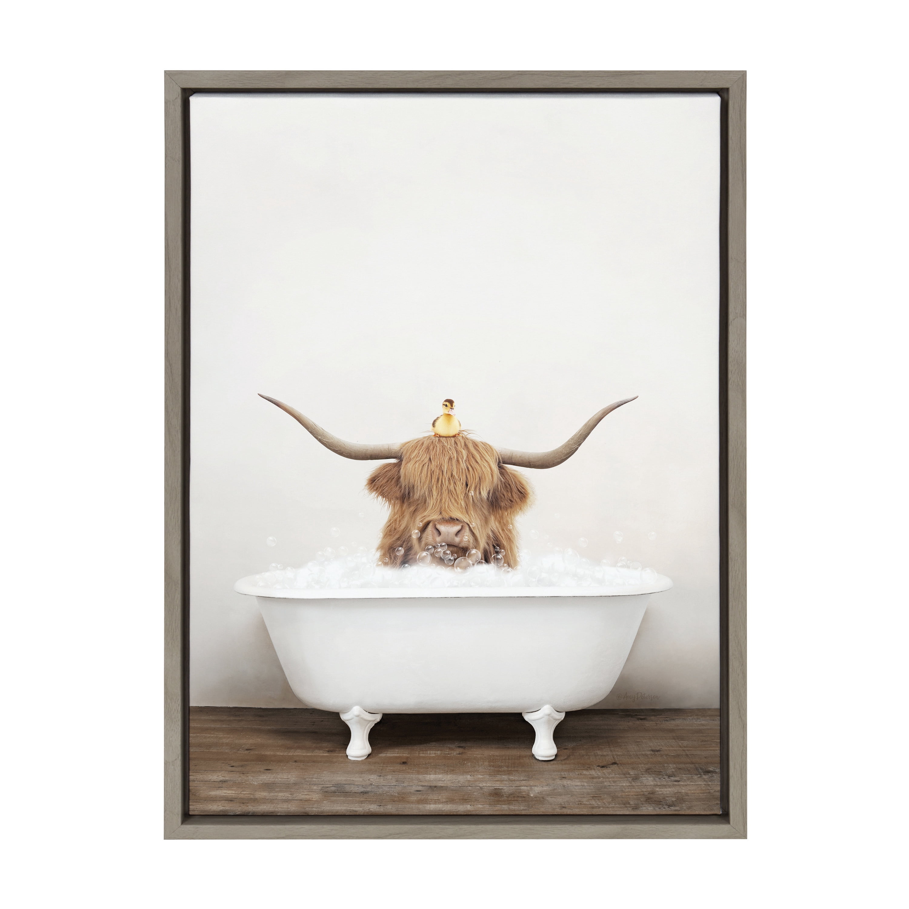 Kate and Laurel Sylvie Highland Cow and Duckling in Rustic Bath Framed Canvas Wall Art by Amy Peterson Art Studio, 18x24 Gray, Modern Fun Decorative Bathtub Wall Art for Home Décor