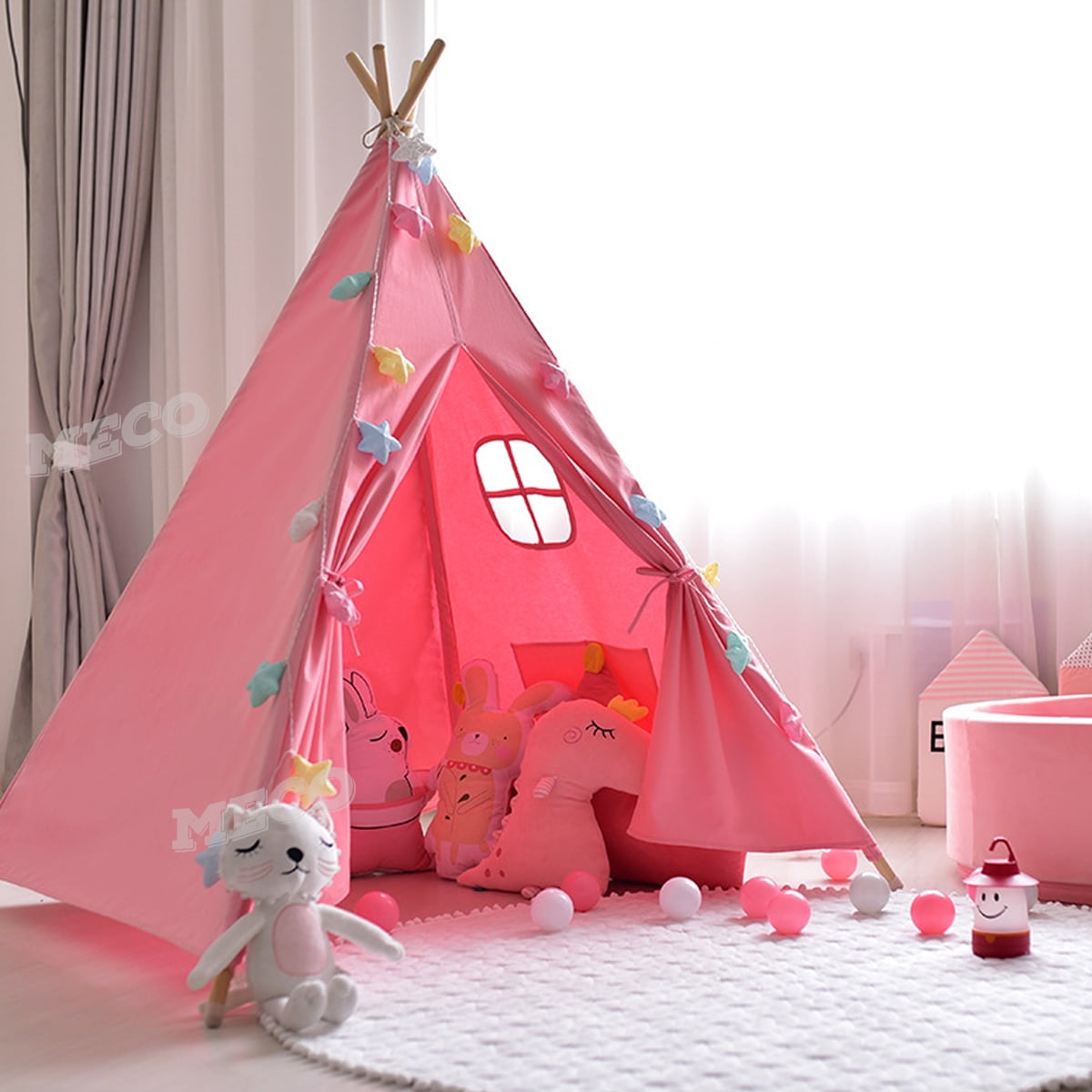 Kids Teepee Tent Wigwam Indoor Outdoor Decoration Children Play House White Pink 
