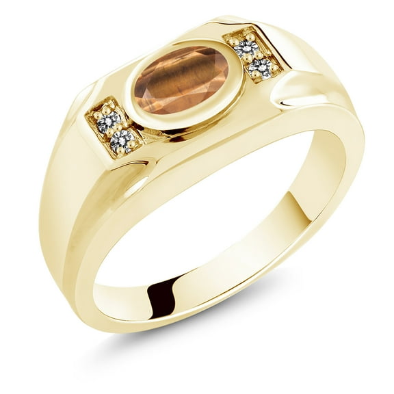 Gem Stone King Men's 18K Yellow Gold Plated Silver Brown Tiger Eye and White Diamond Ring (1.38 Cttw, Gemstone Birthstone, Oval 8X6MM,, Size 13)