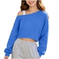 thumbnail image 2 of Kids Girls Off Shoulder Long Sleeve Crop Sweatshirt, Comfort Casual Outerwear Top For Medium & Large Size Children Blue 11-12 Years, 2 of 7