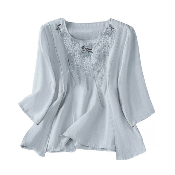 T Shirts For Women Womens Tops Loose Cotton Elegant Summer Five Part Sleeve Top Round Neck Embroidered Shirt Short Sleeve T Shirt