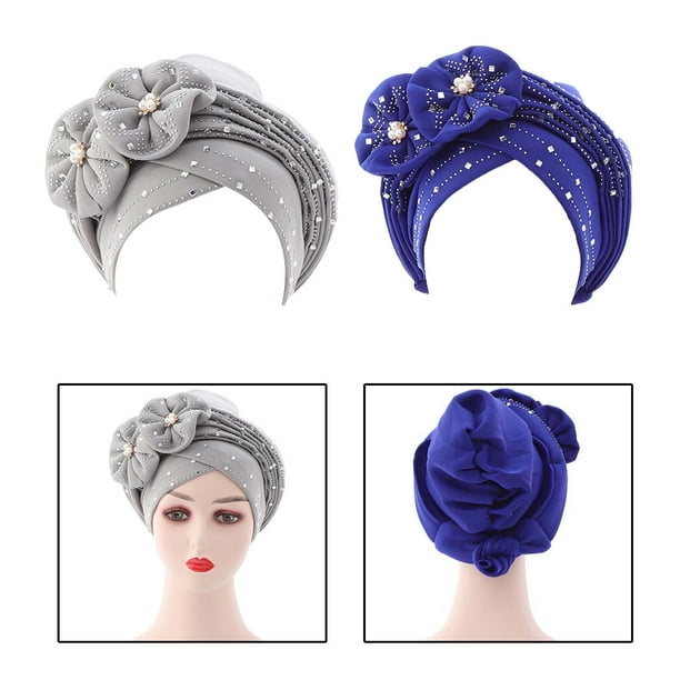 2 turbantes para mujeres musulmanas, para la cabeza, hiyab, accesorios para el cabello, gorro ajustable, gorro decorativo con diamantes de imitación, cubierta para gris azul Fernando turbante africano