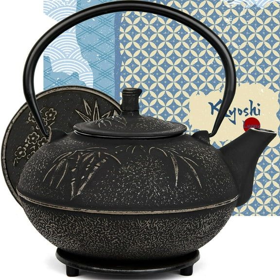 XXL Japanese Cast Iron Teapot with Infuser & Matching Trivet - Large 85 Oz/2500ml Tetsubin Loose Leaf Tea Pot with Enamel Interior - Handcrafted Big Cast Iron Tea Kettle Humidifier Set - Black